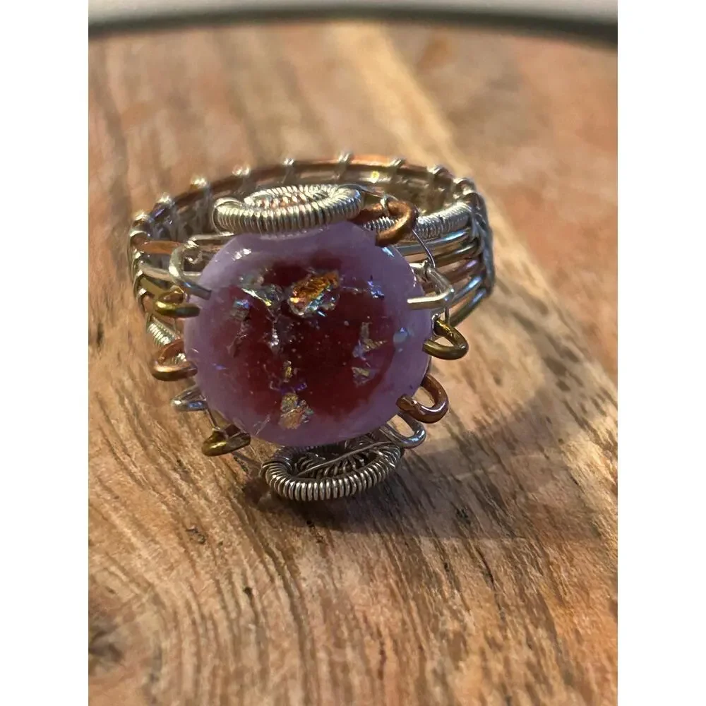 Handmade Pink Purple & Iridescent stone silver and copper wire ring